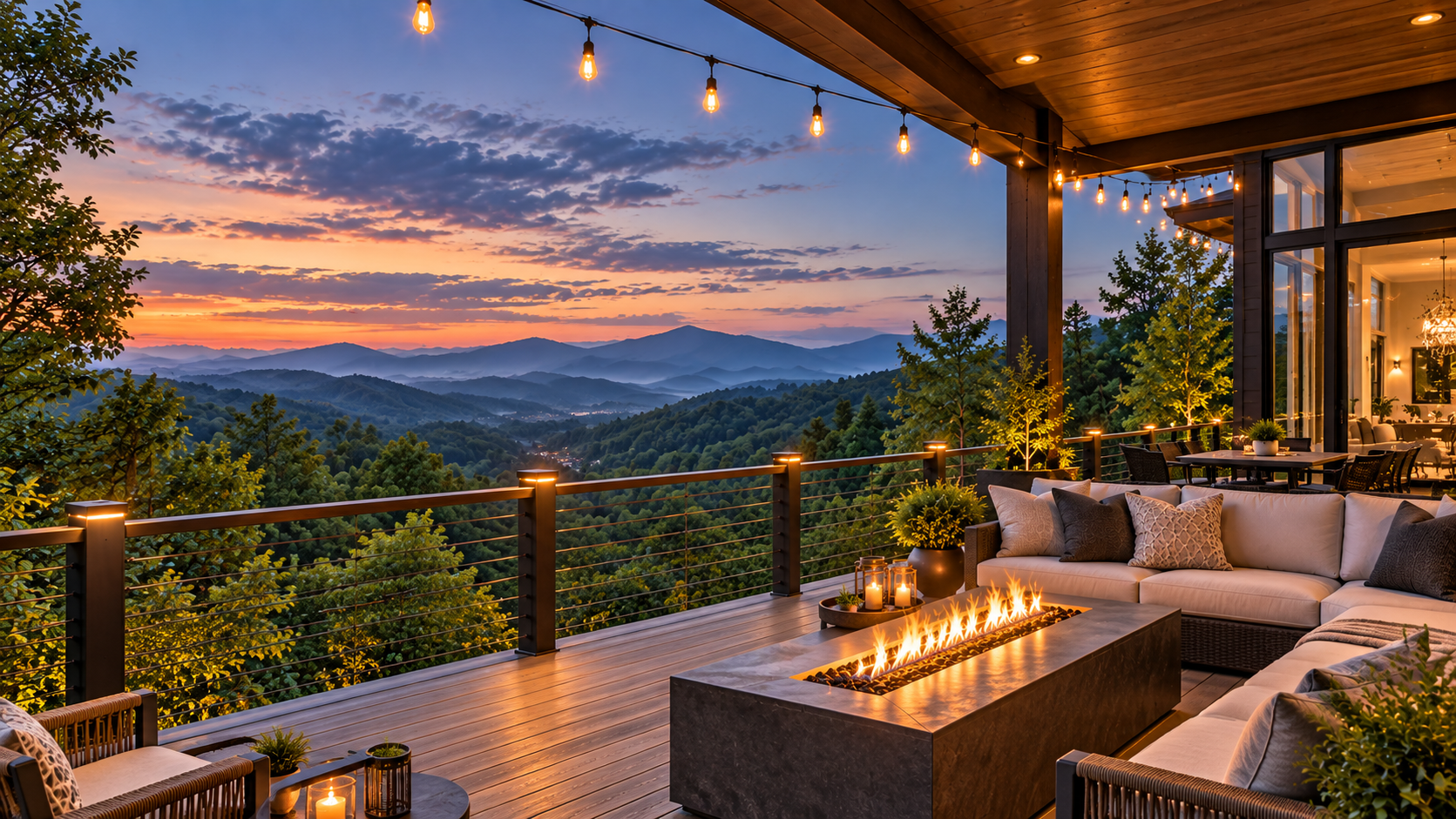 Luxury mountain deck at sunset with a fire pit, outdoor seating, string lights and layered Smoky Mountain ridges in the distance